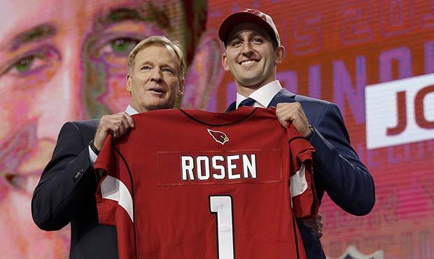 UCLA's Josh Rosen, right, poses with commissioner Roger Goodell after being selected by the Arizona...
