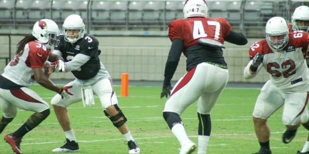 QB Carson Palmer hands the ball to RB Andre Ellington at Arizona Cardinals training camp, Wednesday...