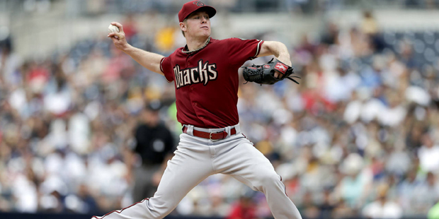 Arizona Diamondbacks starting pitcher Chase Anderson works against a San Diego Padres batter during...