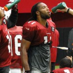 Receivers Michael Floyd and Larry Fitzgerald take a water break at Arizona Cardinals Training Camp in Glendale Tuesday, August 4, 2015. (Photo: Vince Marotta/Arizona Sports)