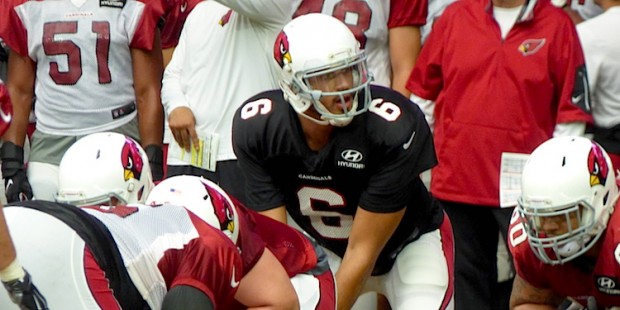 Quarterback Logan Thomas calls out signals at Arizona Cardinals training camp Tuesday, August 18, 2...