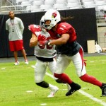 Larry Fitzgerald matches up against Tyrann Mathieu at Arizona Cardinals Training Camp in Glendale Tuesday, August 4, 2015. (Photo: Vince Marotta/Arizona Sports)