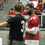 QB Carson Palmer and tight end Jermaine Gresham chat at Arizona Cardinals Training Camp in Glendale Tuesday, August 4, 2015. (Photo: Vince Marotta/Arizona Sports)