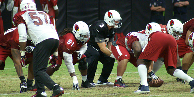 Carson Palmer goes under center during Arizona Cardinals training camp Aug. 11. (Photo by Adam Gree...