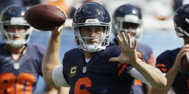 Chicago Bears quarterback Jay Cutler (6) warms up before an NFL football game against the Green Bay...
