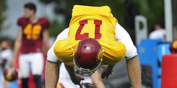 This photo provided by the University of Southern California shows USC football player Jake Olson s...
