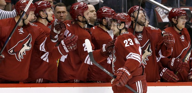 Arizona Coyotes' Oliver Ekman-Larsson (23), of Sweden, celebrates his goal against the Vancouver Ca...