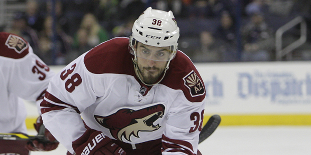 Arizona Coyotes' Lucas Lessio plays against the Columbus Blue Jackets during an NHL hockey game Tue...