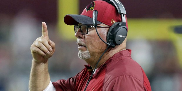 Arizona Cardinals head coach Bruce Arians watches during the second half of an NFL football game ag...