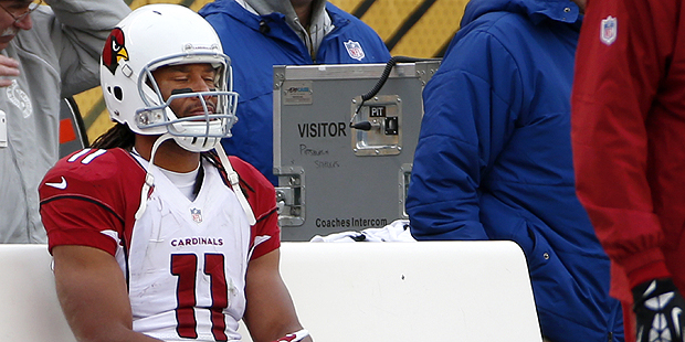 Arizona Cardinals wide receiver Larry Fitzgerald (11) sits on the bench late in the fourth quarter ...