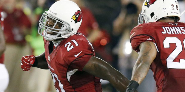 Arizona Cardinals' Patrick Peterson (21) and Rashad Johnson, right, celebrate a defensive stop on t...
