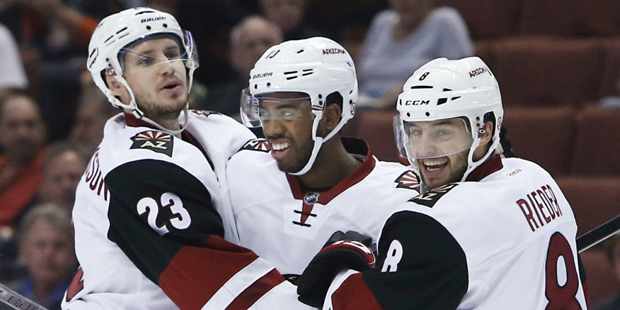 Arizona Coyotes' Oliver Ekman-Larsson (23),  Anthony Duclair and Tobias Rieder (8) celebrate a goal...
