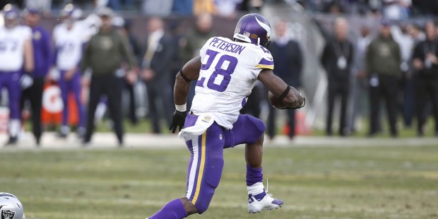 Minnesota Vikings running back Adrian Peterson (28) runs past Oakland Raiders defensive back Neiko ...