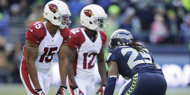 Seattle Seahawks cornerback Richard Sherman (25) lines up against Arizona Cardinals wide receiver M...