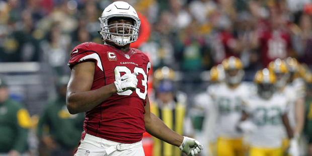 Arizona Cardinals defensive end Calais Campbell (93) celebrates a defensive stop against the Green ...