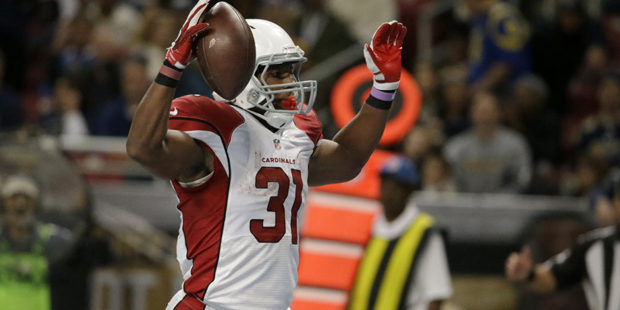 Arizona Cardinals running back David Johnson celebrates after catching a 10-yard pass for a touchdo...