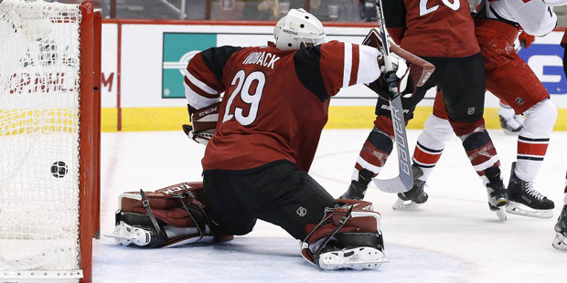 Arizona Coyotes' Anders Lindback (29), of Sweden, gives up a goal to Carolina Hurricanes' Justin Fa...