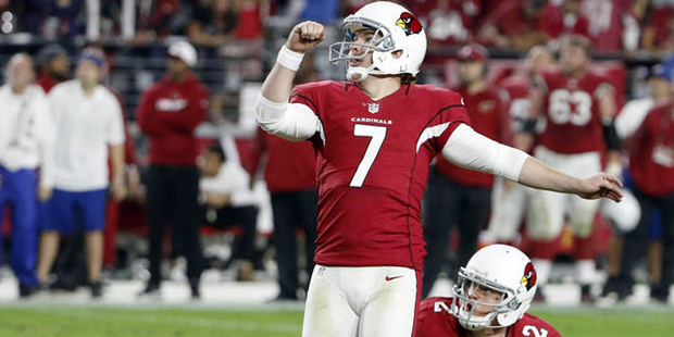 Arizona Cardinals kicker Chandler Catanzaro (7) watches his field goal split the uprights as Drew B...