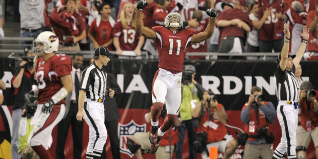Arizona Cardinals wide receiver Larry Fitzgerald (11) reacts after a touchdown against the Philadel...