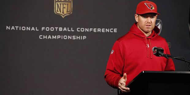 Arizona Cardinals' Carson Palmer talks about the upcoming game against the Carolina Panthers during...