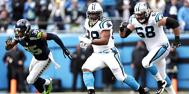 Carolina Panthers running back Jonathan Stewart (28) runs against the Seattle Seahawks during the f...