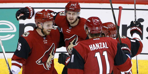 Arizona Coyotes' Oliver Ekman-Larsson (23), of Sweden, celebrates his goal against the Los Angeles ...