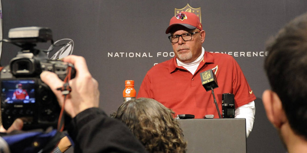 Arizona Cardinals head coach Bruce Arians answers questions after the NFL football NFC Championship...
