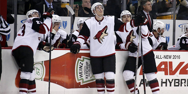 Members of the Arizona Coyotes look at a replay as hats and souvenir Penguins are thrown on the ice...