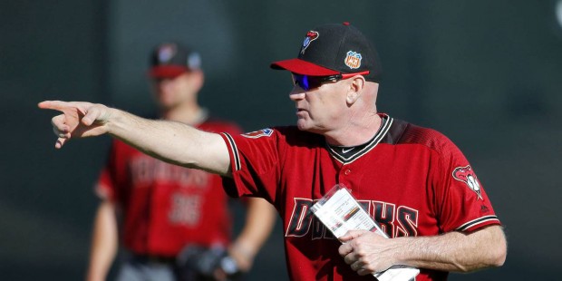 Arizona Diamondbacks coach Matt Williams instructs his players during a spring training baseball pr...