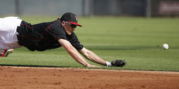 Arizona Diamondbacks' Nick Ahmed dives in vain for a grounder during a spring training baseball wor...