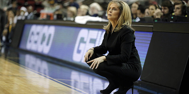 Arizona State head coach Charli Turner Thorne watches from the sideline in the second half of an NC...