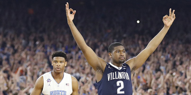 Villanova forward Kris Jenkins (2) celebrates after the NCAA Final Four tournament college basketba...