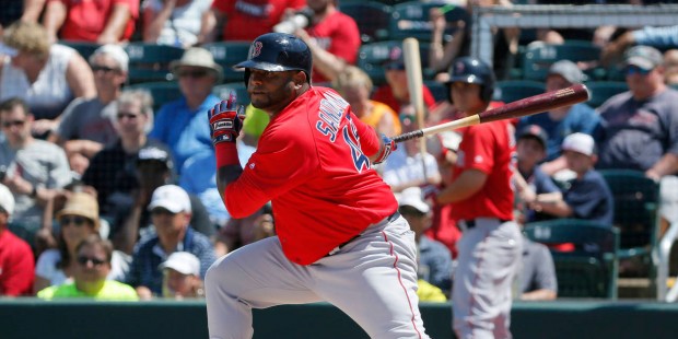 Boston Red Sox's Pablo Sandoval follows through on a ground out to third in the sixth inning of a s...