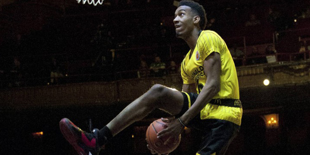Terrance Ferguson, from Dallas, Texas, competes in the slam dunk contest during the McDonald's All-...
