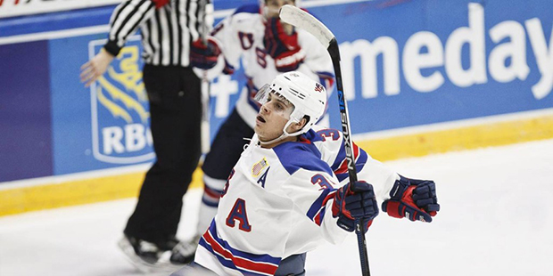 Auston Matthews of USA celebrates after scoring to take the score to 3-0, during the 2016 IIHF Worl...