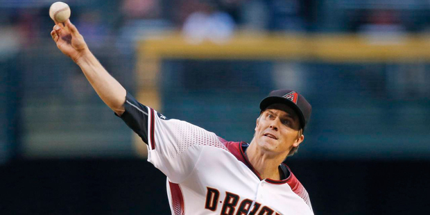 Arizona Diamondbacks' Zack Greinke throws a pitch against the Los Angeles Dodgers during the first ...