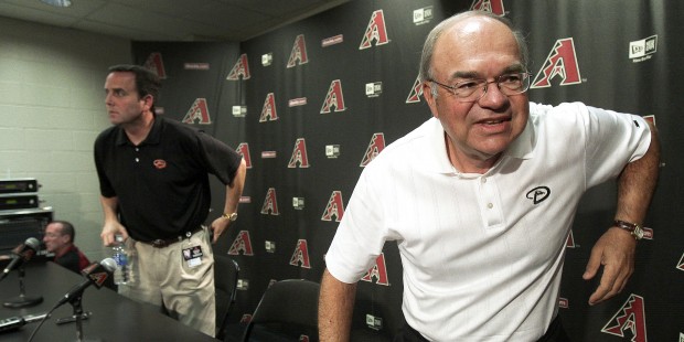 Arizona Diamondbacks managing partner Ken Kendrick, right, and team president Derrick Hall leave a ...