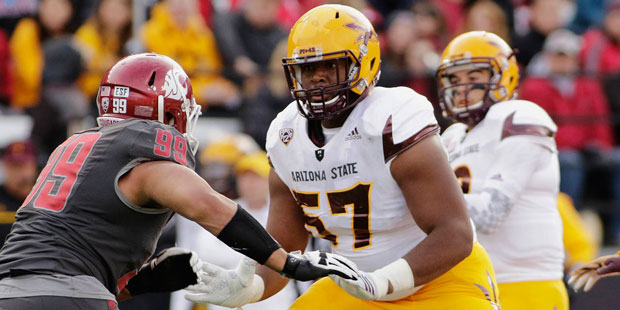 FILE - In this Nov. 7, 2015, file photo, Arizona State offensive lineman Evan Goodman (57) prepares...