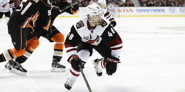 Arizona Coyotes' Jordan Martinook skates during the first period of an NHL preseason hockey game ag...