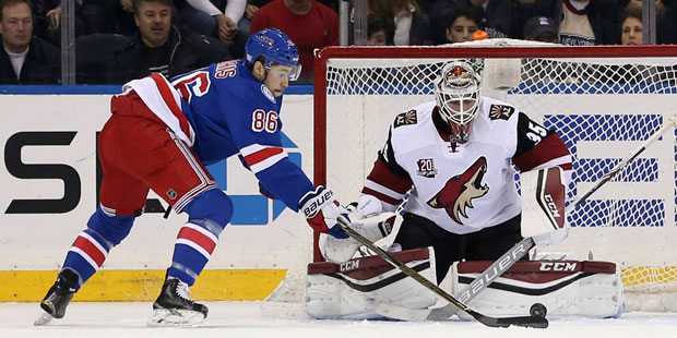 New York Rangers' Josh Jooris, left, scores past Arizona Coyotes goalie Louis Domingue during the f...