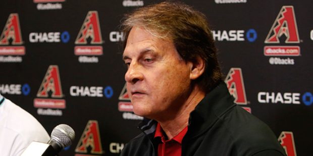 Arizona Diamondbacks Chief Baseball Officer Tony La Russa, right, talks to the media during a press...