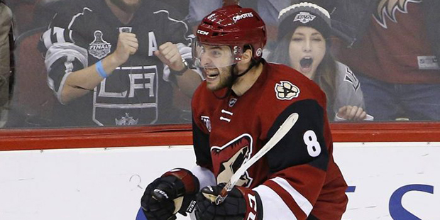 Arizona Coyotes right wing Tobias Rieder celebrates his goal against the Los Angeles Kings during t...