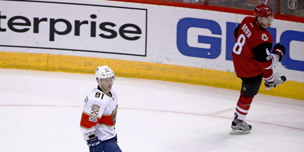 Florida Panthers center Jonathan Marchessault (81) reacts as Arizona Coyotes right wing Tobias Ried...