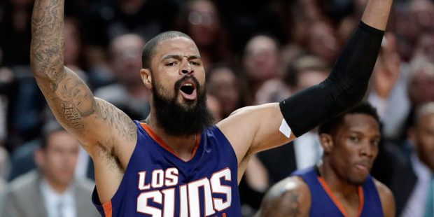 Phoenix Suns Tyson Chandler gestures during a game against the San Antonio Spurs, in the second hal...
