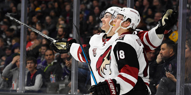 Arizona Coyotes left wing Brendan Perlini, of Great Britain, celebrates his goal with center Christ...