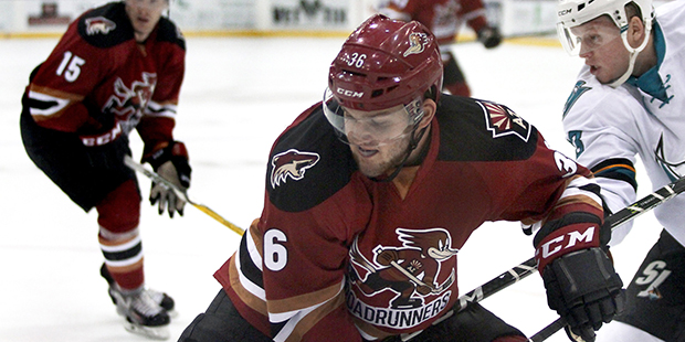 Tucson Roadrunners forward Christian Fischer battles for a loose puck during a game against the San...