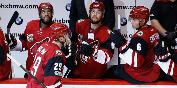 Arizona Coyotes left wing Brendan Perlini (29) celebrates his goal against the Colorado Avalanche w...