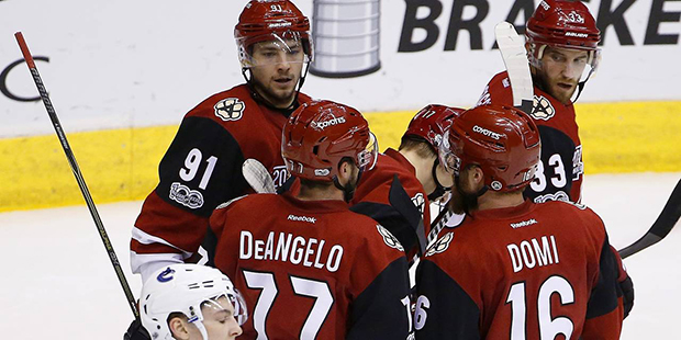A dejected Troy Stecher (51) skates past Arizona Coyotes' Radim Vrbata as he celebrates his goal wi...
