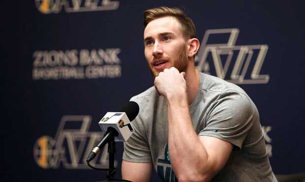 Utah Jazz forward Gordon Hayward talks to the media during the NBA teams end of season press confer...