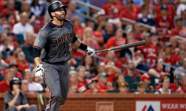 Arizona Diamondbacks' J.D. Martinez watches his grand slam during the fourth inning of the team's b...